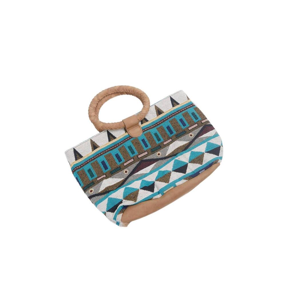 NEW ETHNIQUE tulum mini handloom leather tote in blue/brown